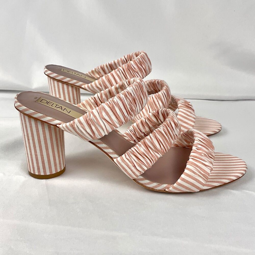 DELTAN Pink White Stripe Ruched Strap Block Heel Sandals Womens Sz 10 Mule Slide